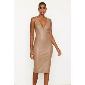 Forever 21 Women’s Beige Faux Leather Tan V Neck Bodycon Sheath Dress size Small